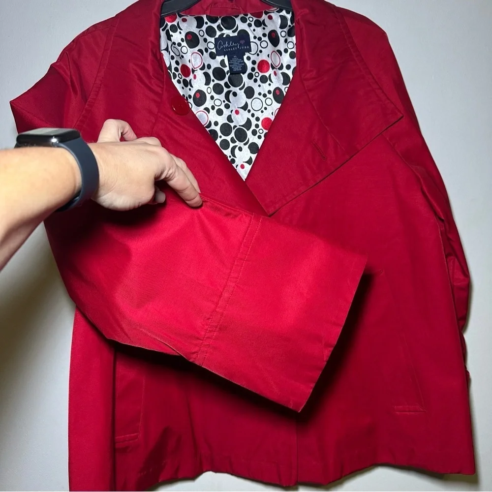 Ashley Judd Red Rain Trench Coat with Polka Dot Lining Size XL